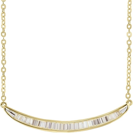 Sterling Silver and 18kt Gold Plate Curved Bar with Baguette Cubic Zirconia Necklace, 18