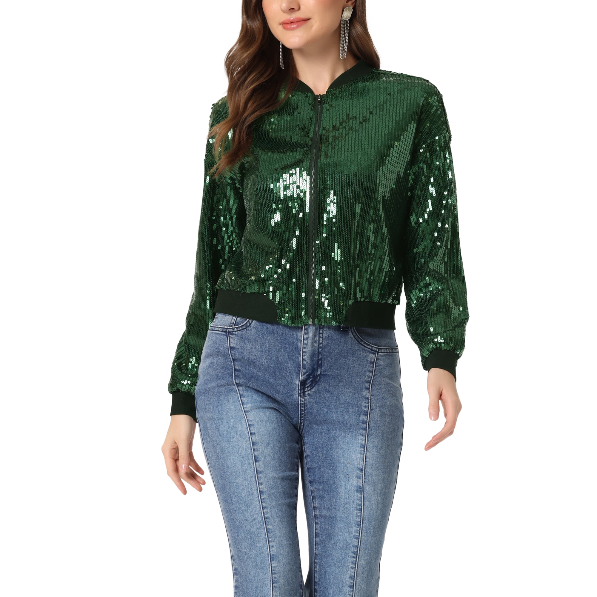 INSPIRE CHIC Women's Party Jackets Glitter Long Sleeve Zipper