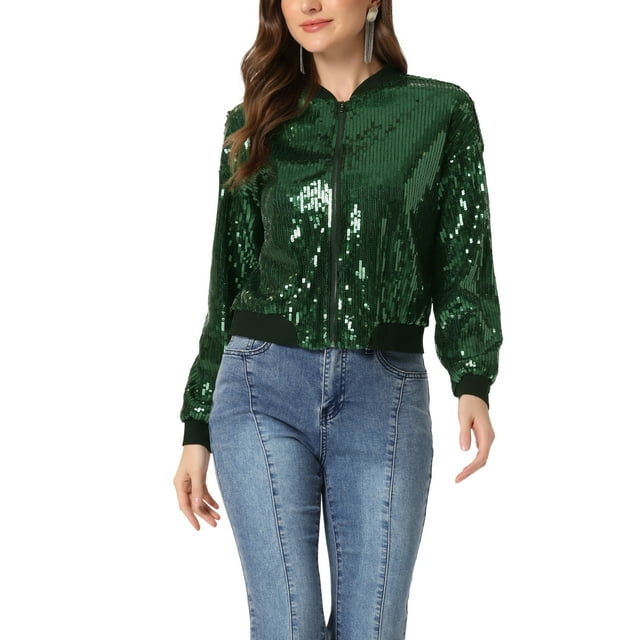 INSPIRE CHIC Women's Sequin Jacket Zipper Closure Hidden Pockets Bomber Jacket L Dark Green