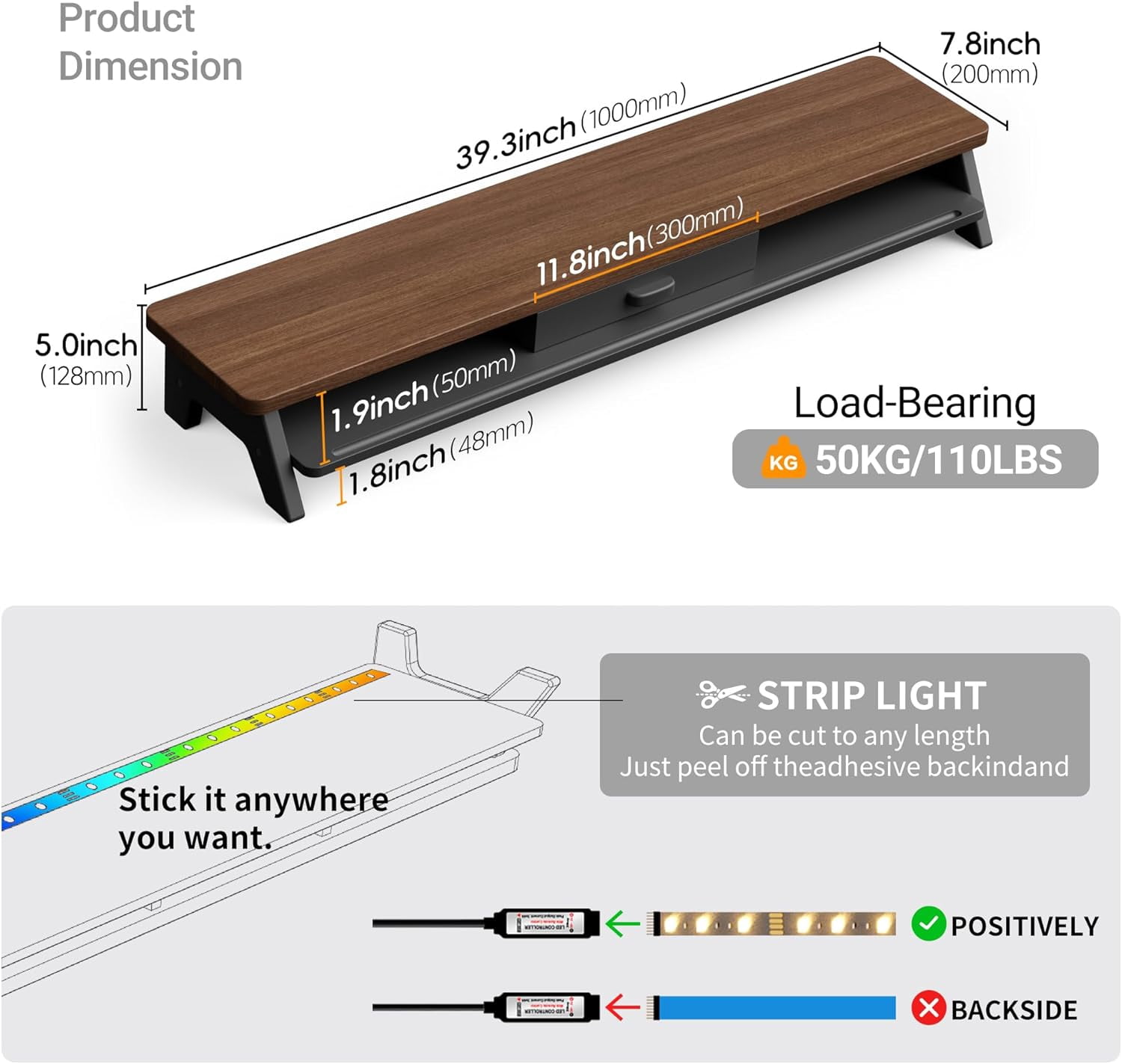39.4 Inch Dual Monitor Stand with Storage Shelf, 2-Tier Wooden Desk Organizer Riser for Computer, Laptop, Printer and Phone/Tablet