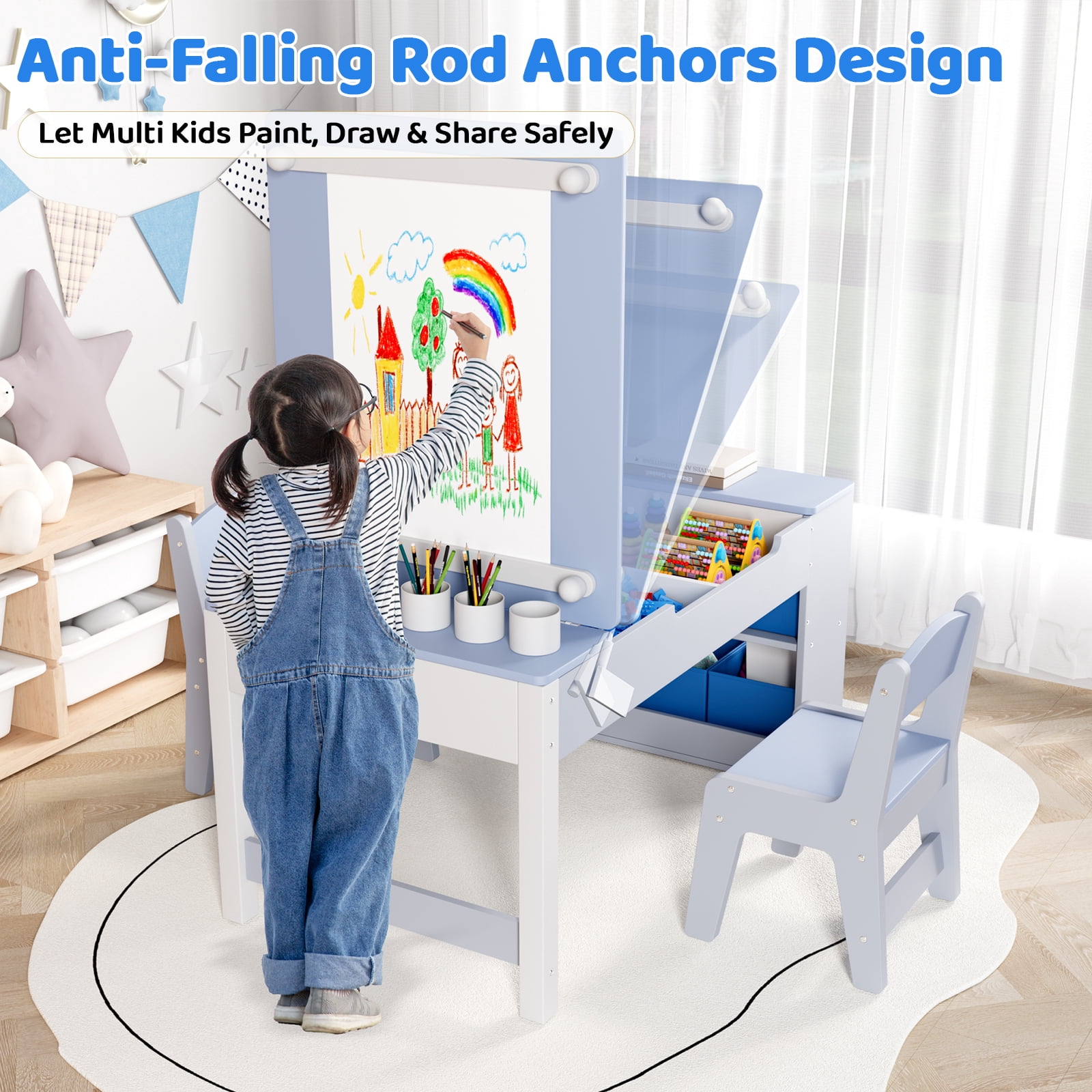 Arlopu 3 in 1 Kids Drawing Table & Chair Set Wooden Activity Craft Table with Art Easel Adjustable Tilt, 6 Storage Bins, 6 Paint Cup