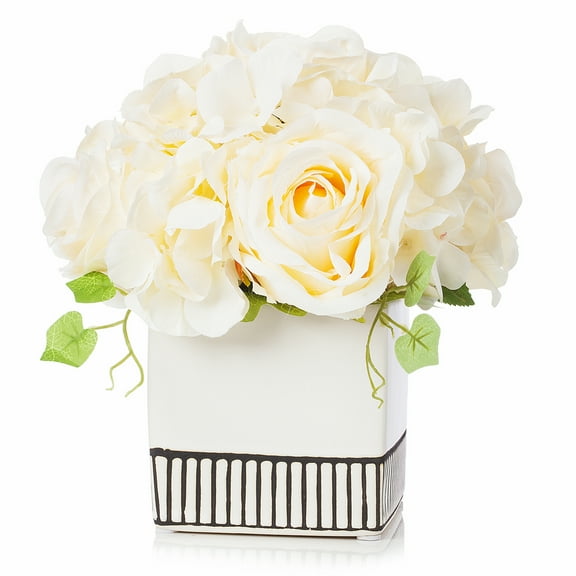 Enova Home Mixed Artificial Hydrangea and Rose Silk Flowers Arrangement in White Ceramic Pot (Beige)