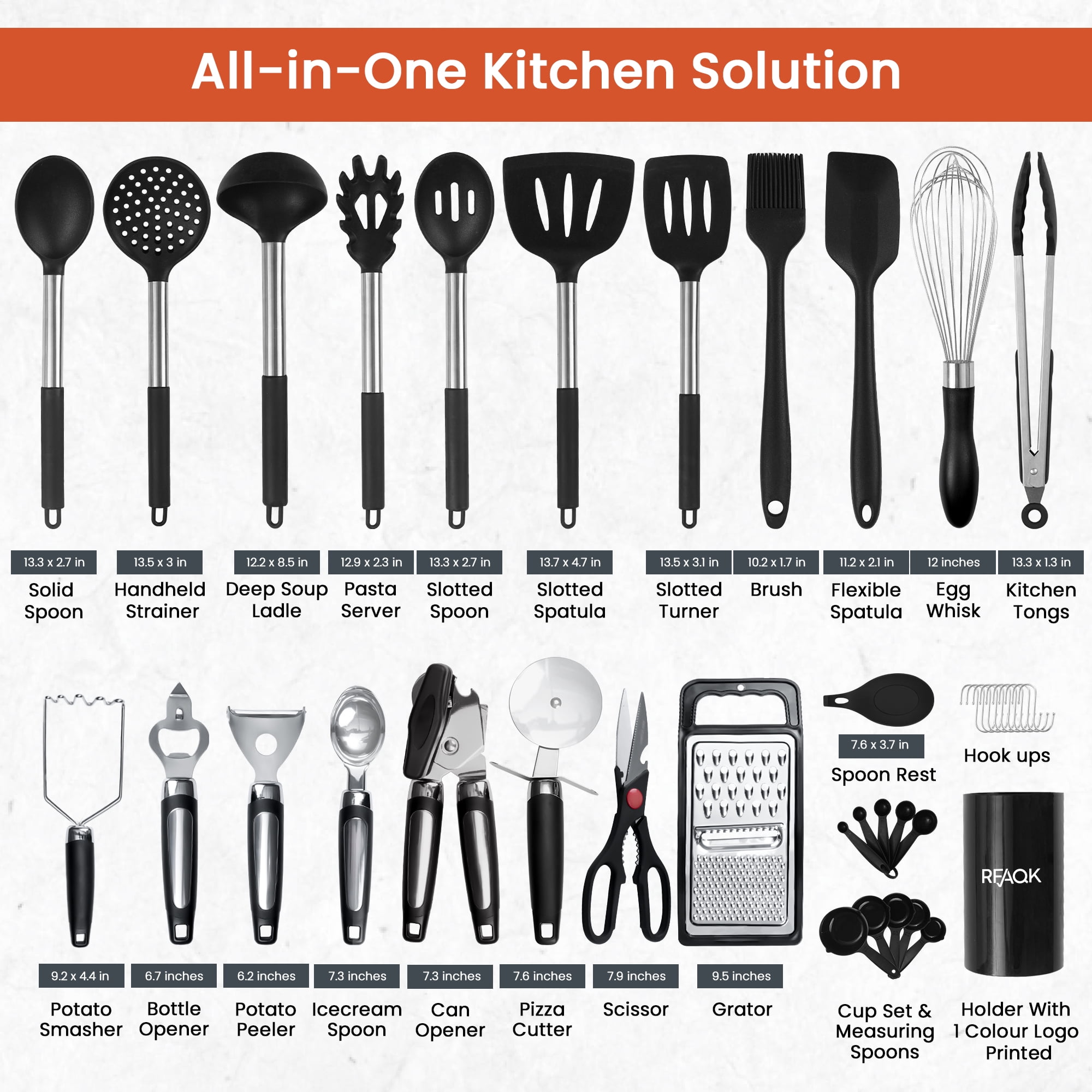 RFAQK Silicone Kitchen Cooking Utensil Set With Holder, 40PCs Heat Resistant Set for Nonstick Cookware, Kitchen Gadgets includes Can Opener, Potato Masher & Peeler, Tongs,spatulas,Pizza cutter & More