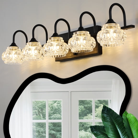 GCGAFUL 29 in. 5-Light Matte Black Modern Bathroom Vanity Light with Crystal Glass Shades