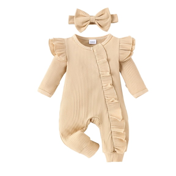 Ruyang Baby Girls Cute Ruffle Jumpsuit Plain Cotton Bodysuit Bowknot Headband Zipper Long Sleeve Fall Winter Outfit