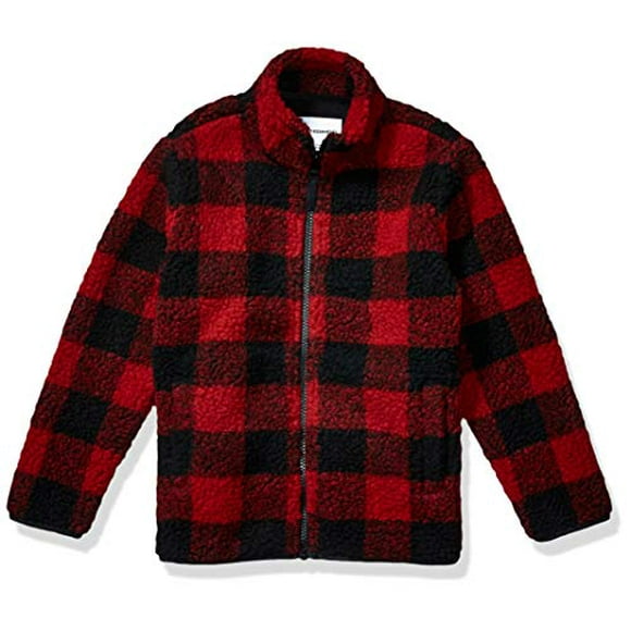 Boys' Polar Fleece Lined Sherpa Full-Zip Jacket, Red, Exploded Buffalo Check, Large
