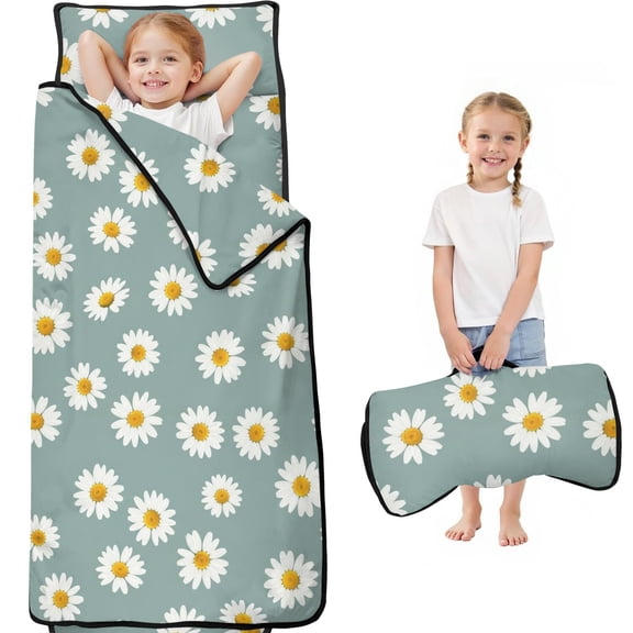 Daisy Pioneer Flower Green Pattern Teens Toddler Nap Mat with Pillow, Sleeping Mat Bag for Preschool Daycare 59"x22"