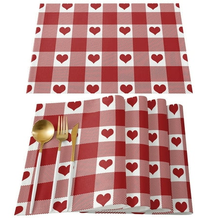 

Valentine s Day Placemats 4 Pack for Dining Table Cotton Linen Heat Insulating Kitchen Table Mats Durable Washable Love Heart Red Buffalo Check Plaid Farmhouse Placemat for Dinner Party
