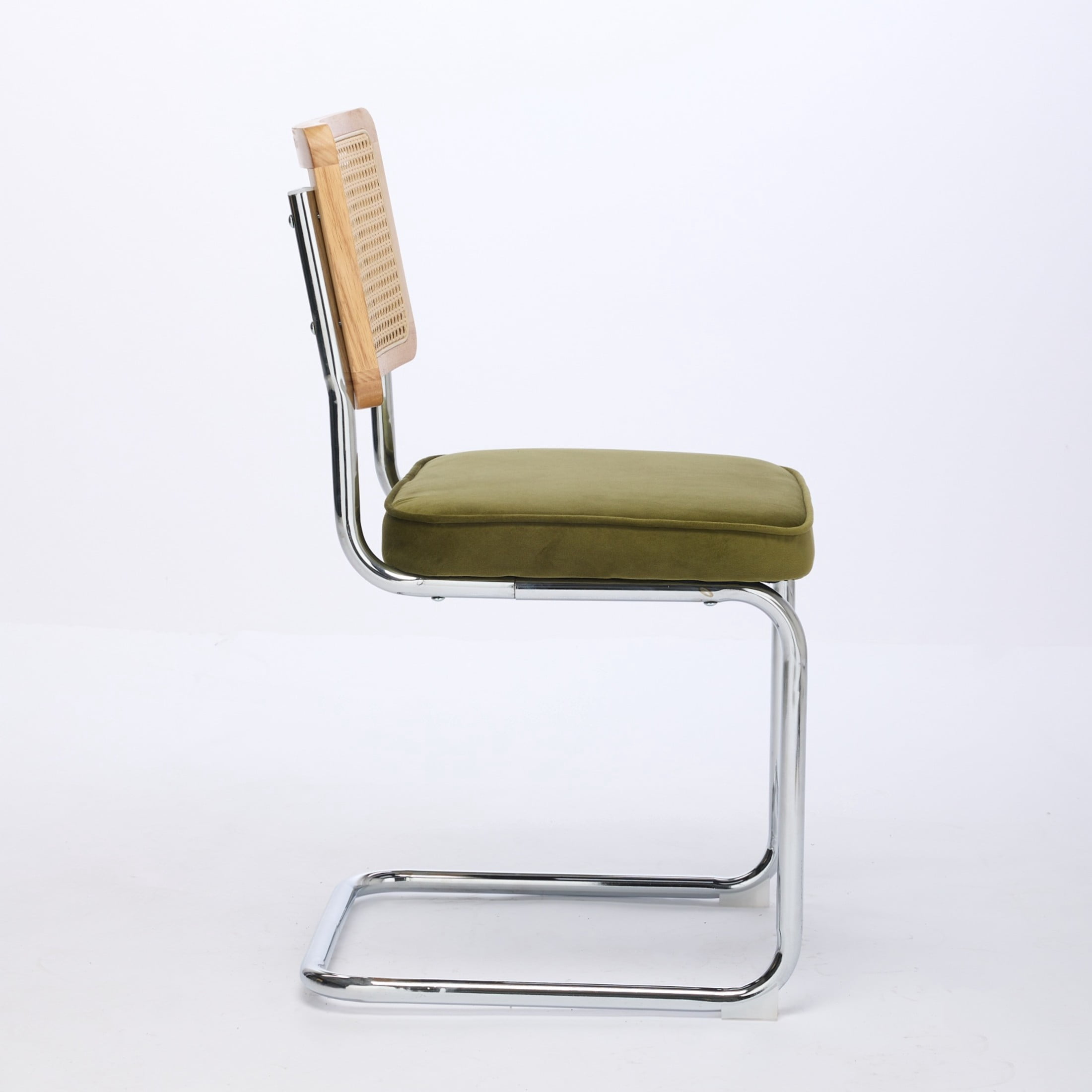 Noble House Muse Modern Upholstered Velvet Dining Chairs, Rattan Back and Stainless Base, Olive Green, Set of 2