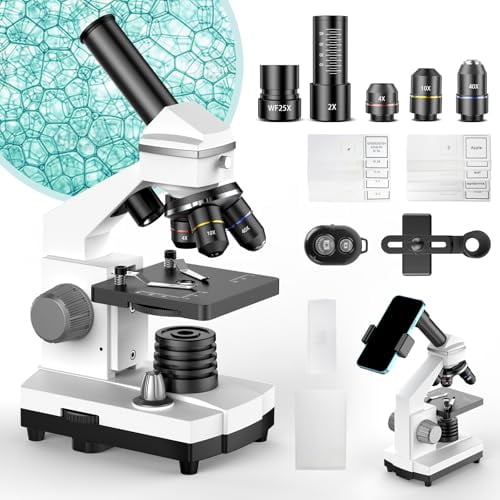 Professional Compound Microscopes for Adults,Kids 8-12 & Students | 2000X Magnification Lab & Home Microscope with Phone Adapter,Complete Slides Set (Gray White)