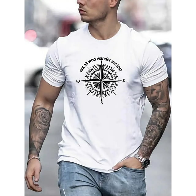 Men'S Summer Casual Crew Neck T-Shirt, Polyester 100% Knit Fabric, Slight Stretch, Regular Fit, Short Sleeve with "Not all wandering people are lost" Print, Fashionable Top for Sports & Leisure