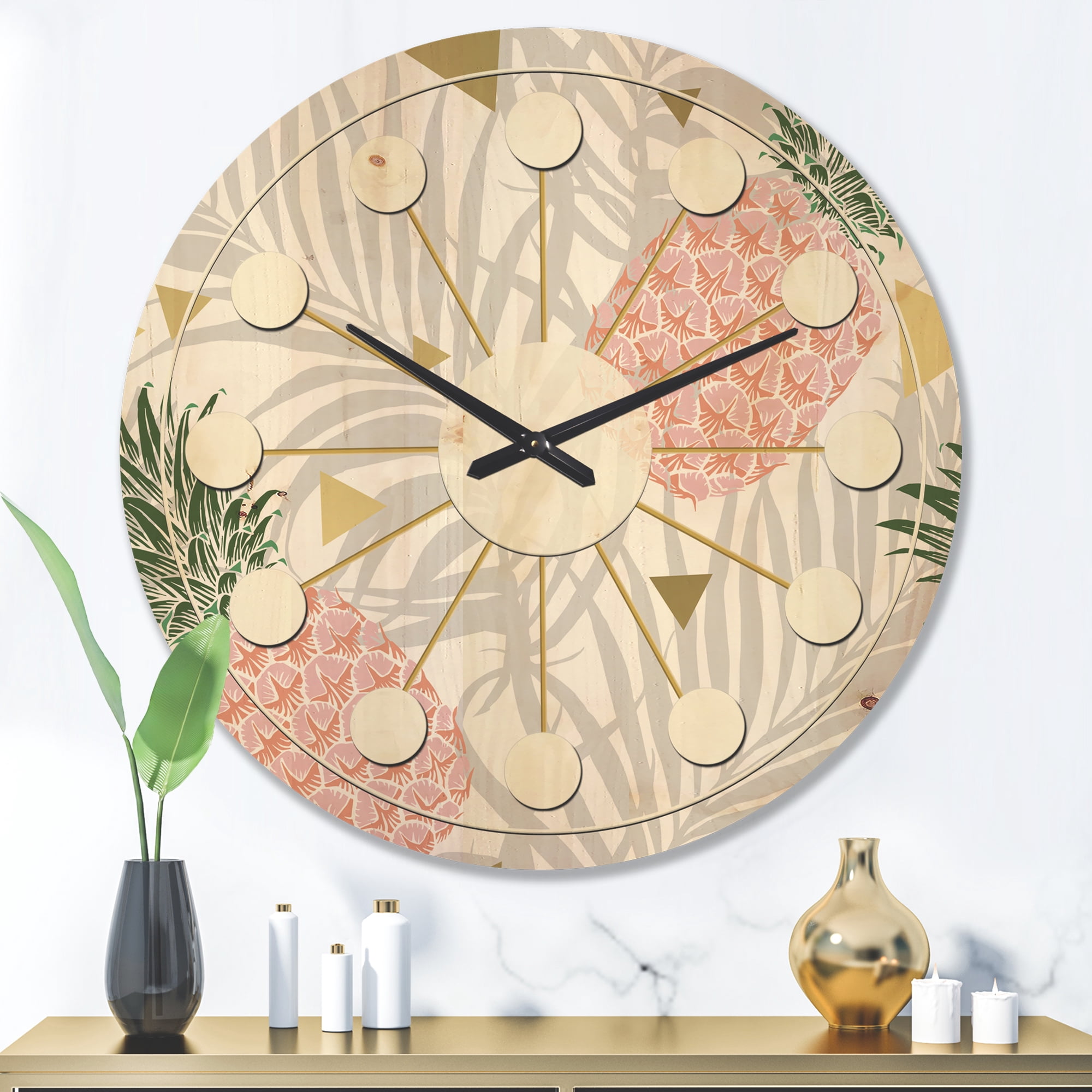 Designart 'Pineappple On Tropical Leaves Retro Pattern' Mid-Century Modern Wood Wall Clock