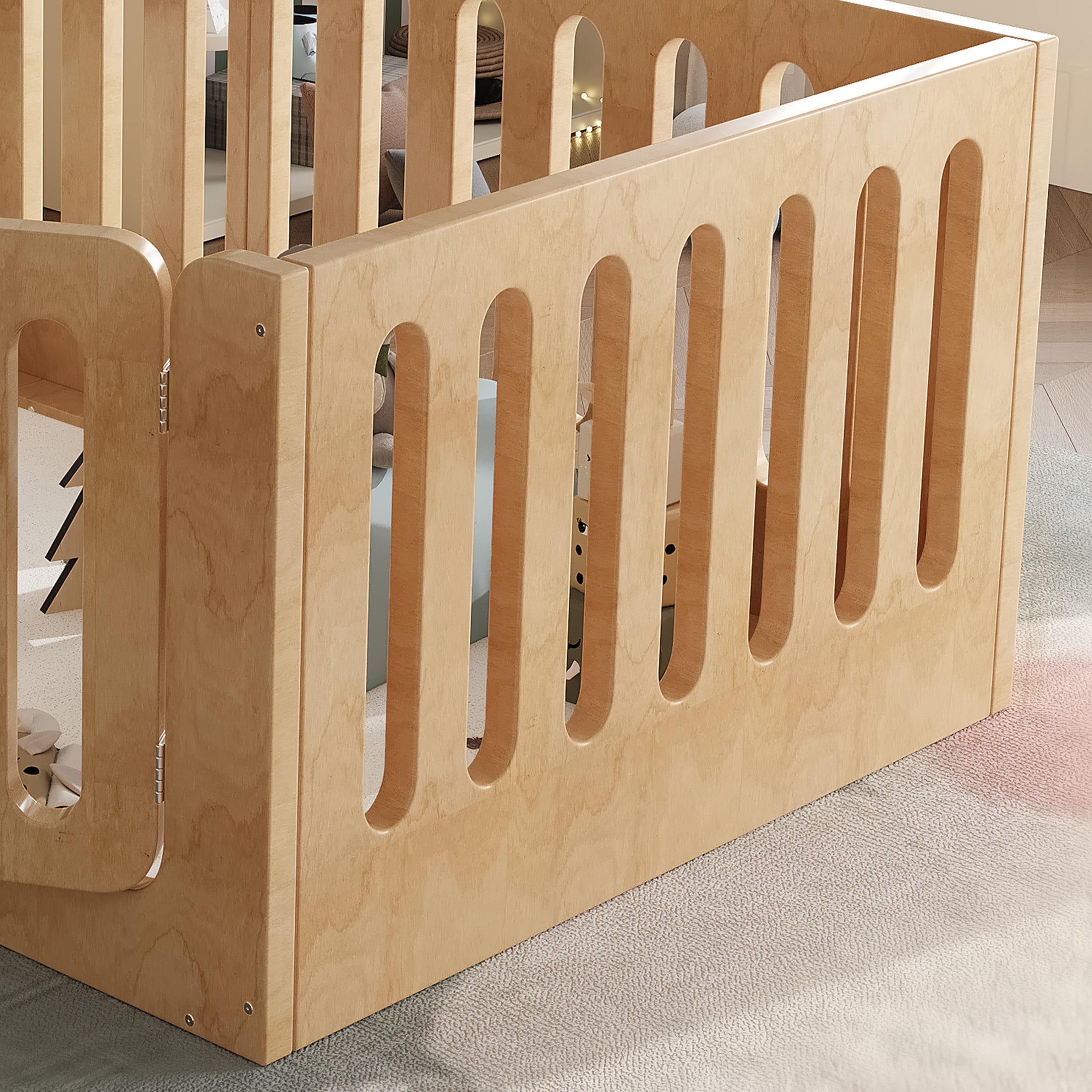 GDF Studio Twin Size Montessori Floor Bed with High Guardrails & Door, Low-Profile Design, Natural