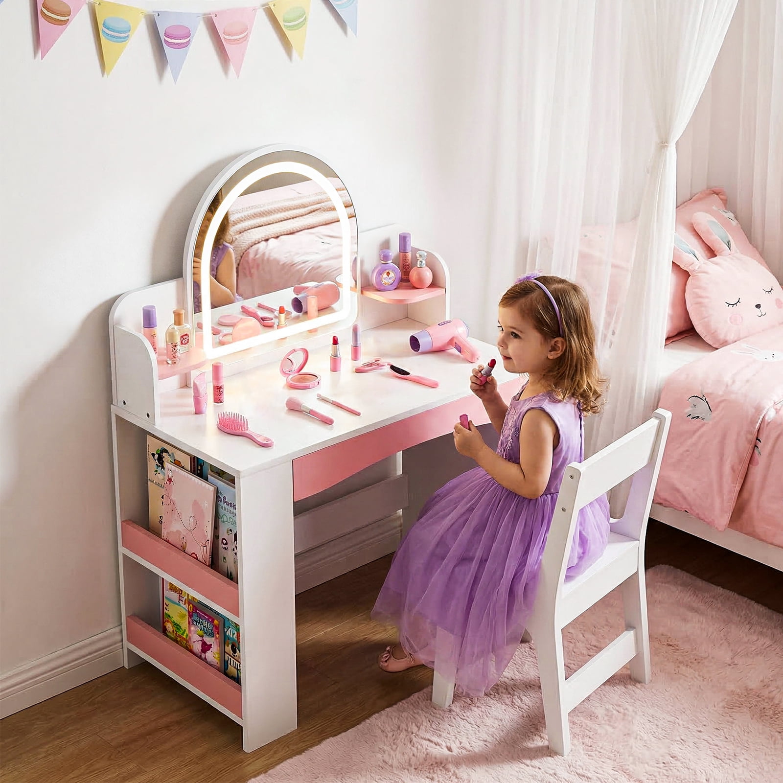 Haewon 27.5" Kids White Vanity with Lighted Mirror & Charging Station, Kids Vanity Table and Chair Set with Storage Cabinet & Drawers, Vanity for Kids, White