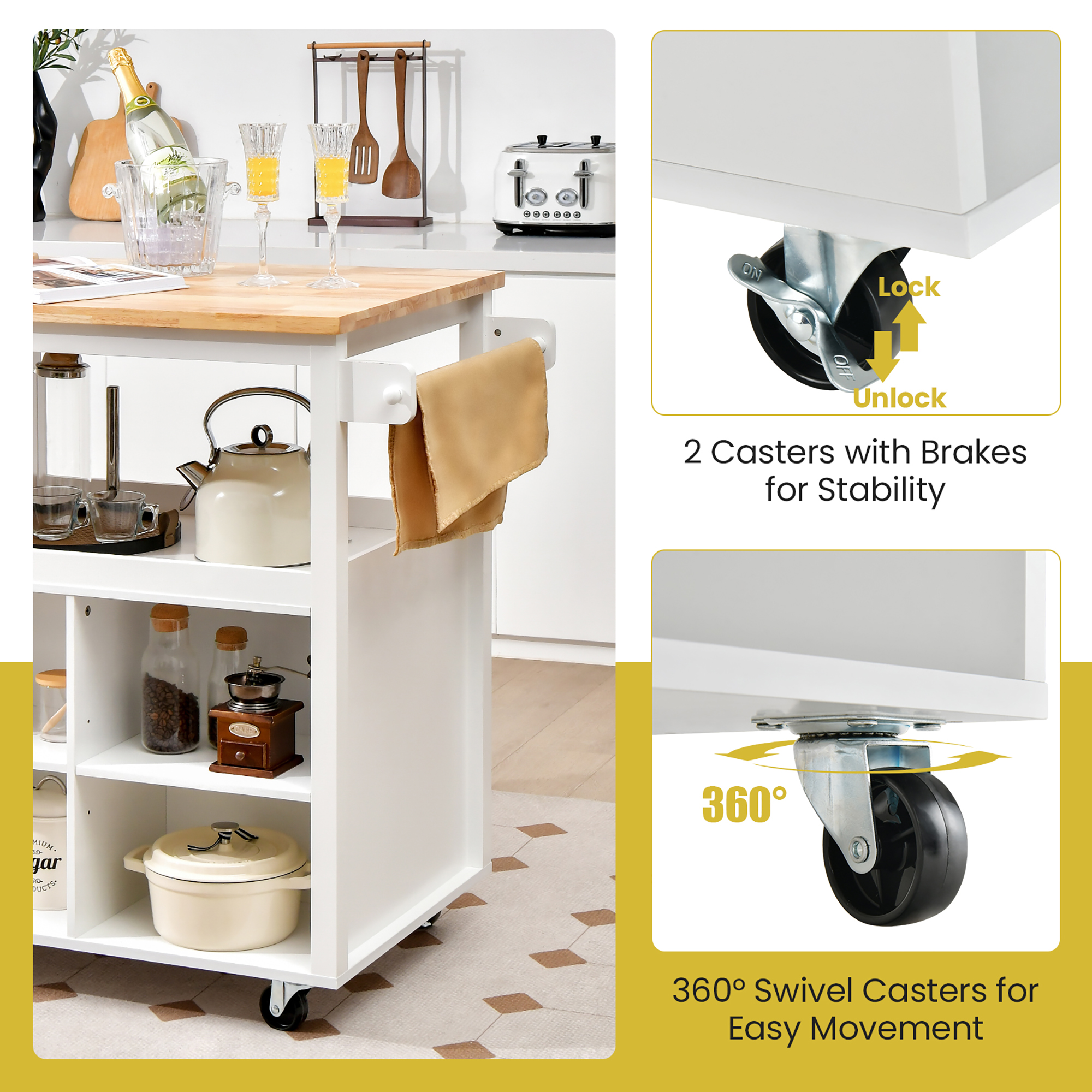 Costway Kitchen Island Trolley Cart on Wheels with Storage Open Shelves & Drawer White