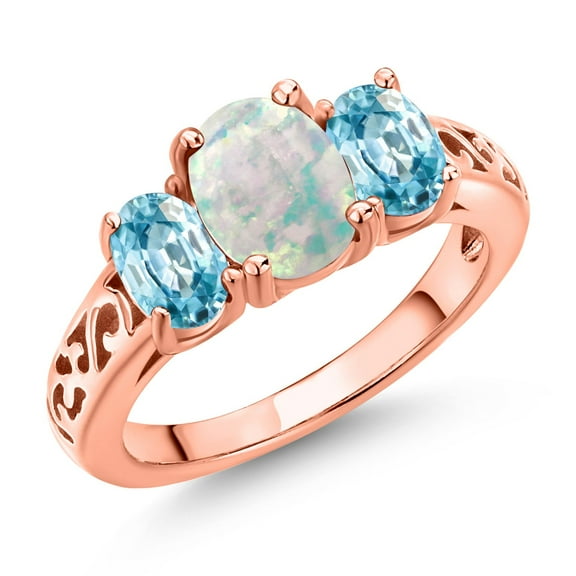 Gem Stone King 18K Rose Gold Plated Silver White Opal and Blue Zircon Filigree Style 3 Stone Ring for Women (2.30 Cttw, Oval 8X6MM and 6X4MM) (Size 9)