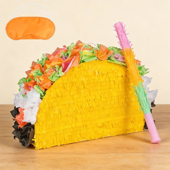 Gamexcel Taco Pinata with Bat and Blindfold, 15.7x10.2x5in Holds 2 LBS Candy, Cinco de Mayo Birthday Fiesta Party Supplies