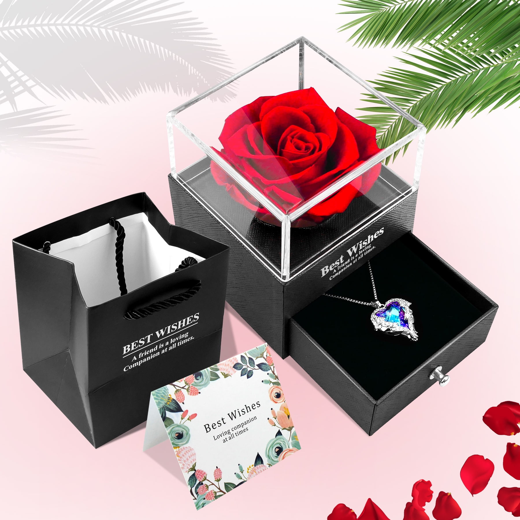 Qnbes Preserved Real Rose with Necklace, Eternal Fresh Flower Box with Drawer, Romantic Gift for Mom Wife Girlfriend Anniversary Birthday