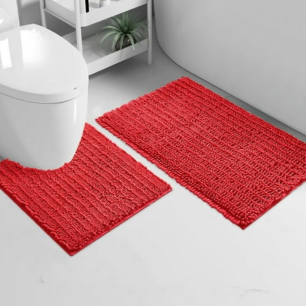 2 Piece Set Red Soft Cozy Plush Chenille Bath Mat Bathroom Rug