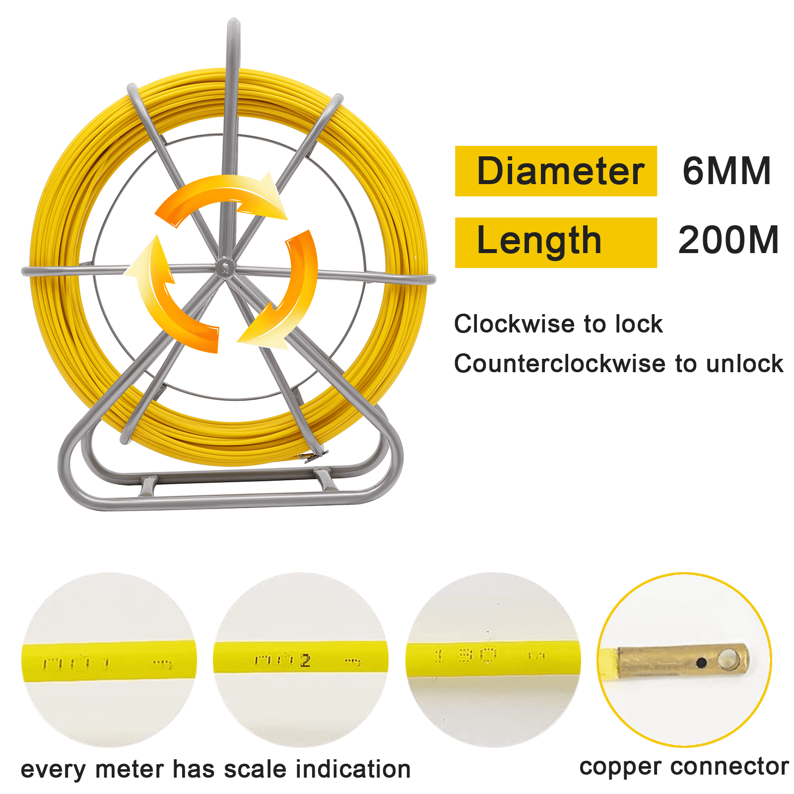 656FT Fiberglass Fish Tape 1/4 inch(6MM), High Strength Flexible Wire Puller, Non-Conductive Electrical Fish Tape for Wall/Conduit Cable Running Installation