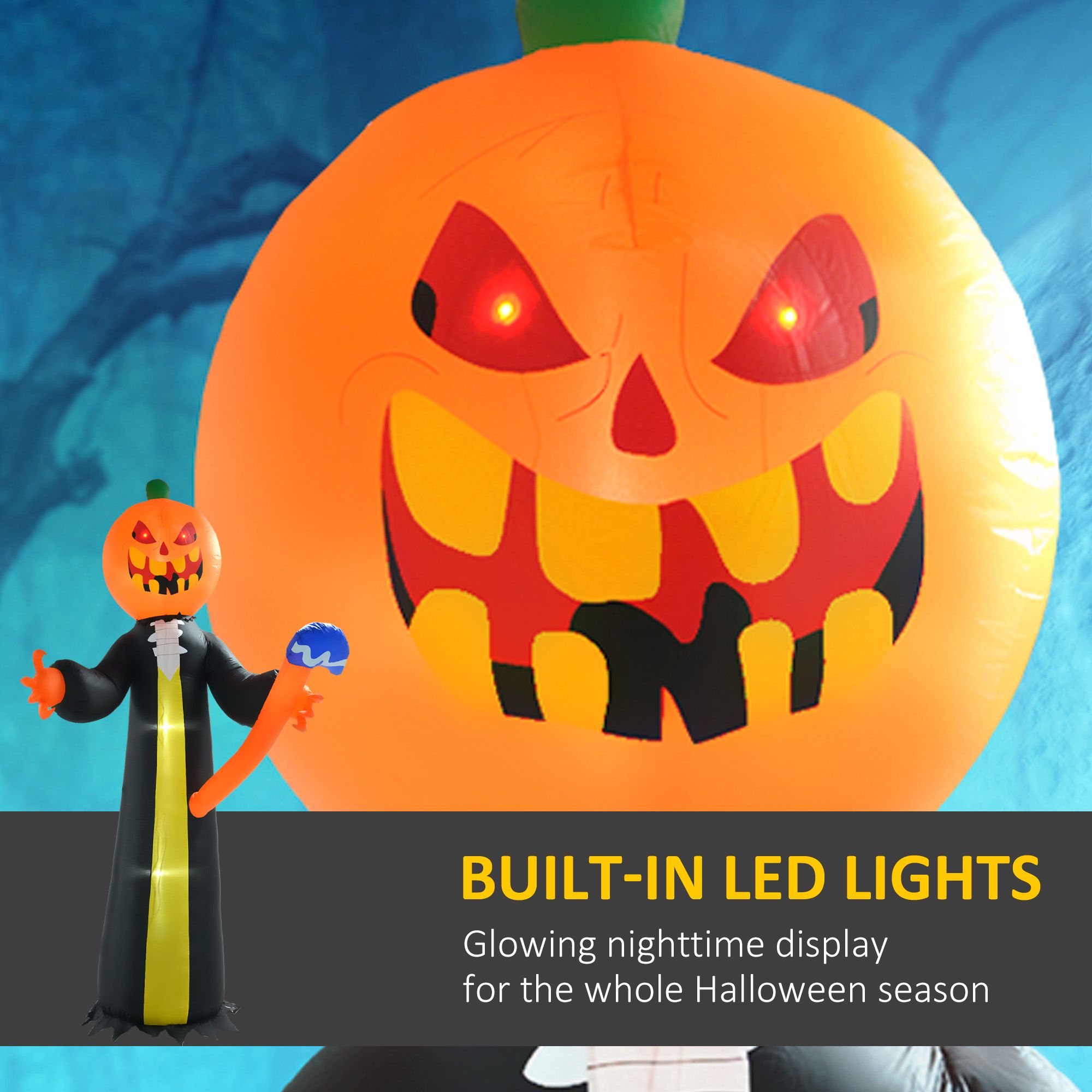 118.1IN Inflatable Pumpkin Head Ghost with Hammer LED Lights Waterproof Polyester Yard Ornament