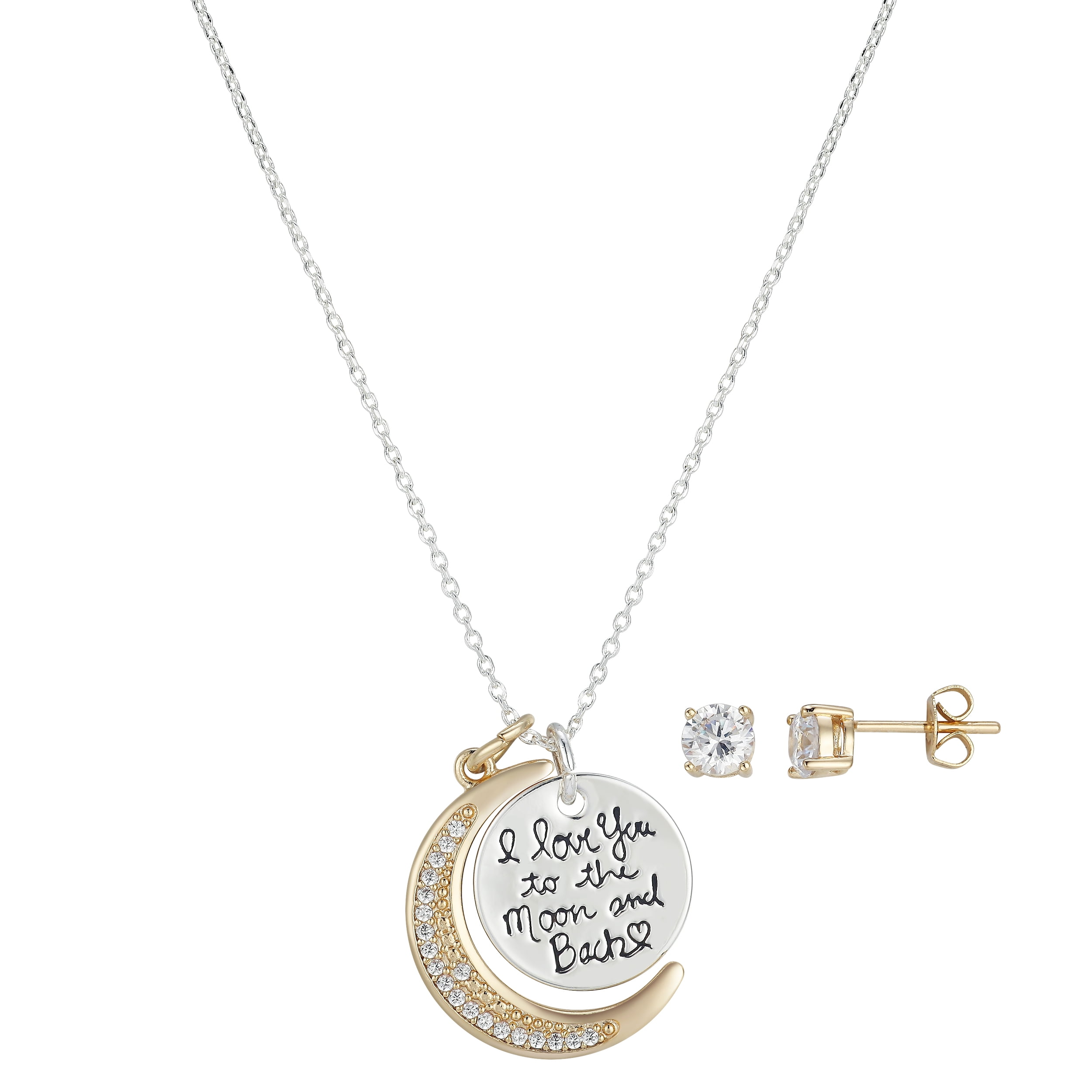 14kt Gold Flash Plated Cubic Zirconia 'I Love You to the Moon & Back' Pendant Necklace Earring Set, 18+2' Extender