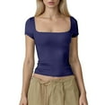 thumbnail image 2 of Nmnitkp Tops for Women Trendy Square Neck Short Sleeve Layer Tops Basic Slim Fit Going Out T Shirt Navy,S, 2 of 6