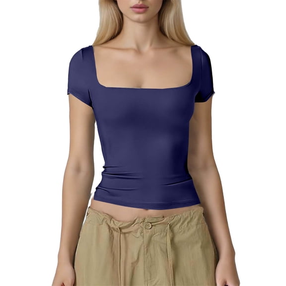 XFLWAM Women's Short Sleeve T Shirts Square Neck Going Out Tops Slim Fit Basic Tee Seamless Workout Shirts
