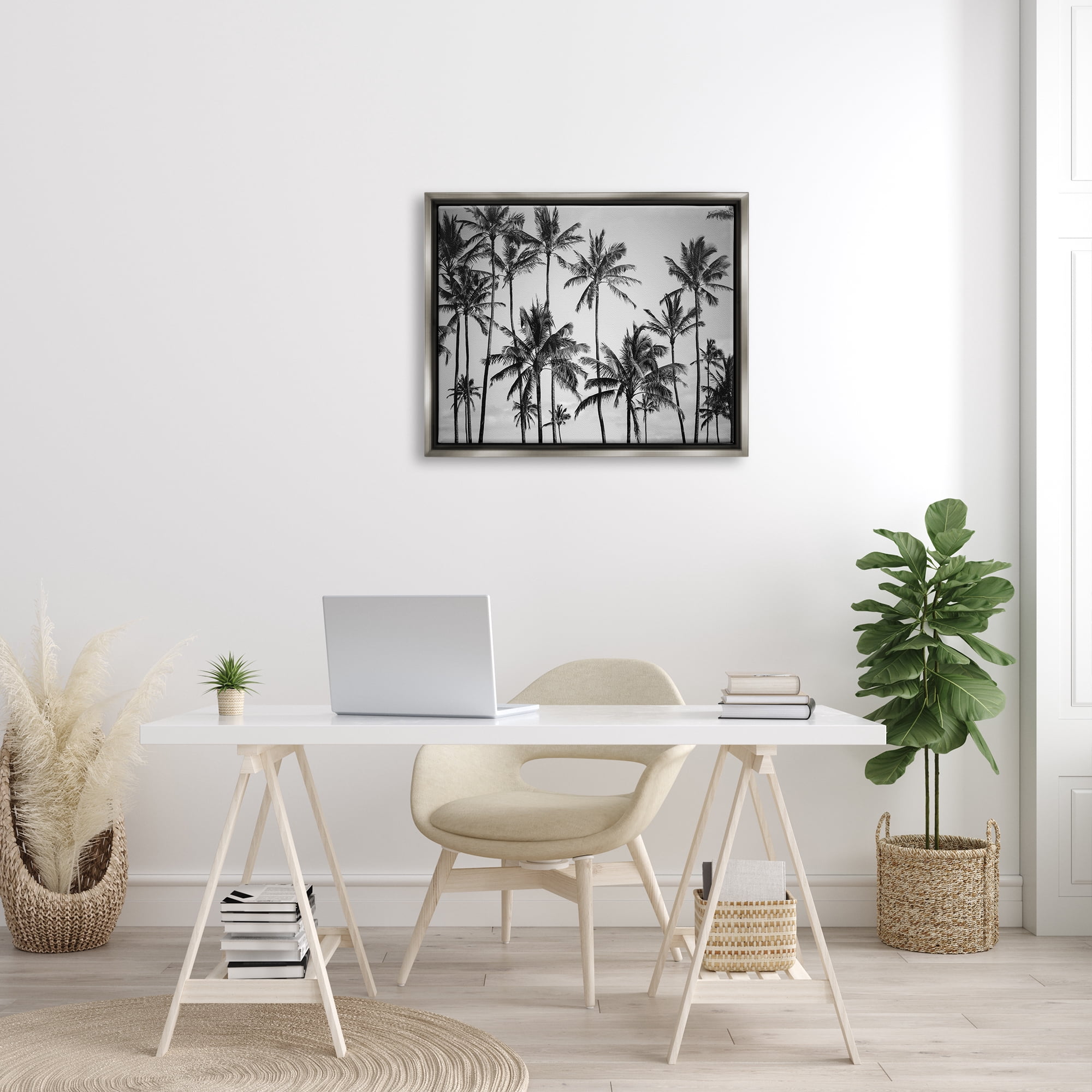 Stupell Industries Palm Trees Skyline Black and White Photography Luster Gray Framed Floating Canvas Wall Art, 24x30, by Design Fabrikken