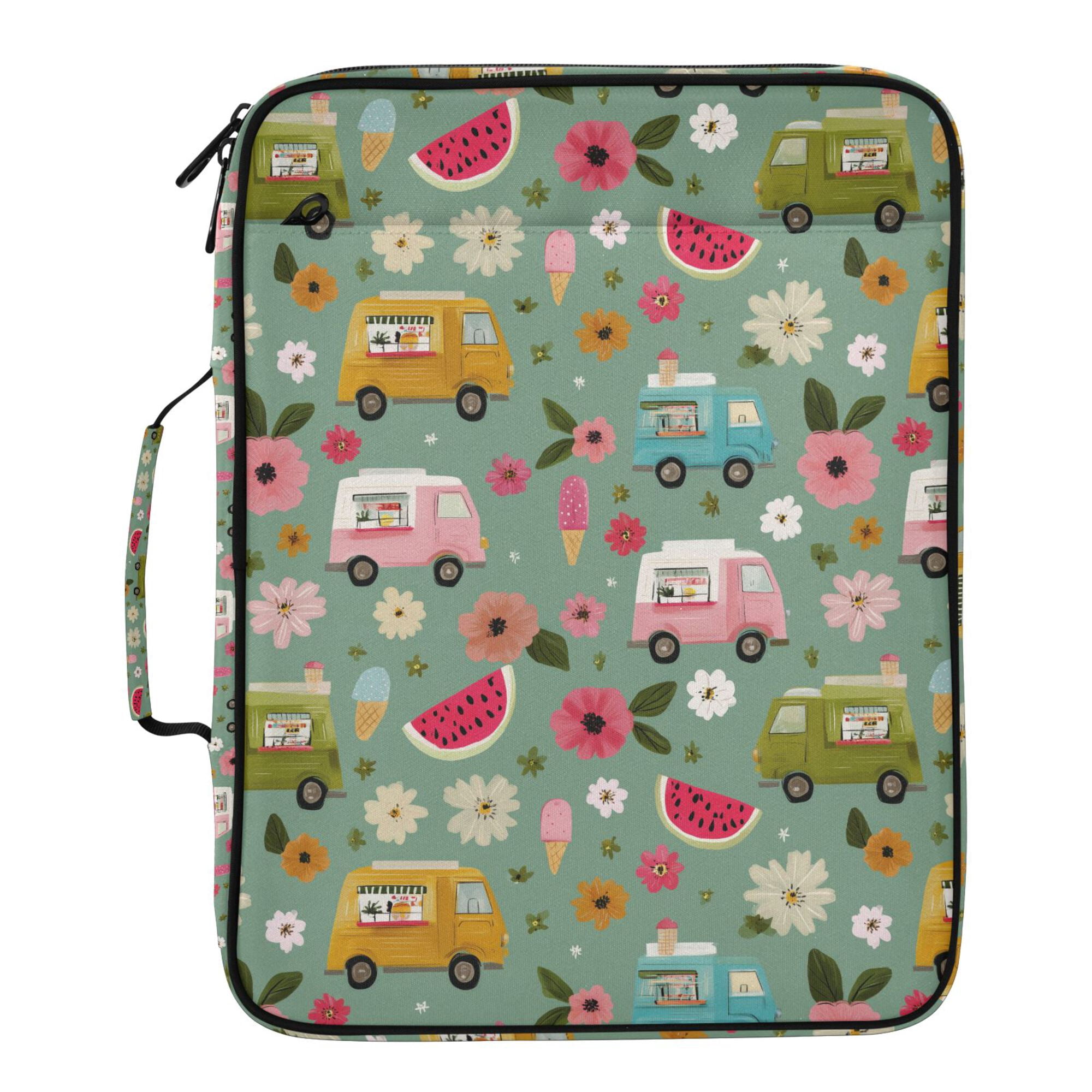FORMRS Accordion File Folder A4 Size 7-Pocket Expanding Document Organizer Bag with 3 Ring Binder, Green Cartoon Trucks Pattern