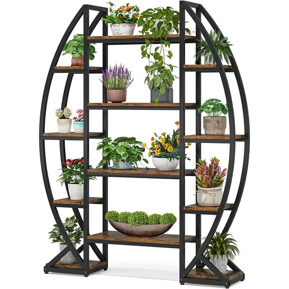 Tribesigns 8 Tiered Curved Plant Stand, 69" Tall Industrial Metal Plant Shelf for Indoor Living Room, Balcony, Patio (Brown and Black)