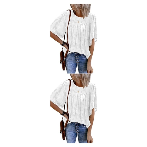 Qarigey Camisa de media manga con volantes elegante blusa de encaje fresca viaje cumpleaños verano primavera ropa mujer Tops Accesorios Type2 NO2
