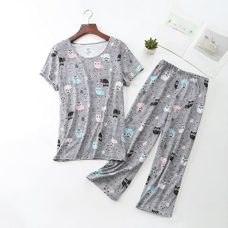 

Pxiakgy Sleepwear for women Ma am Summer Round Neck Suit Pajamas Short Sleeve Women s Sleepwear Grey + L