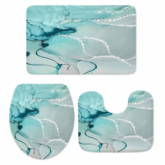 Aqua Marble Bath Mat 3 Piece Bathroom Rug Set, Modern Abstract Gradient Water Fluid Art Non Slip Bath Rug Contour Mat and Toilet Lid Cover, Absorbent Shower Mats Soft Bath Rugs and Mats Sets