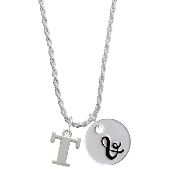 Delight Jewelry Silvertone Large Initial - T - Silvertone Script Initial Disc - & - Charm Necklace, 20"+3"