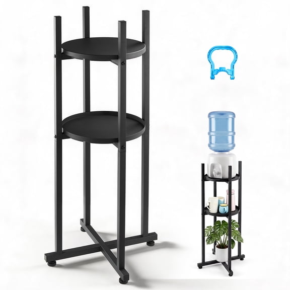 VEVOR Water Dispenser Stand, 2 Tiers Water Jug Holder for 1 Bottle, Heavy Duty Jug Rack Organizer with Detachable Storage Shelf, Cross-Shaped Stable Base, for Kitchen, Office, Living Room, Black