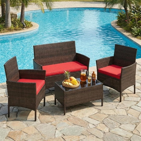 Topcobe 4 Piece Patio Rattan Conversation Set with Cozy Seat Cushions Outdoor Patio Furniture for Garden Backyard Pool Deck-Red