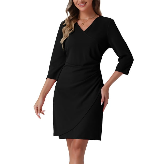 Vestido envolvente INSPIRE CHIC para mujer con mangas 3/4 y escote en V, vestido midi elegante y casual para invitadas de boda XL Negro