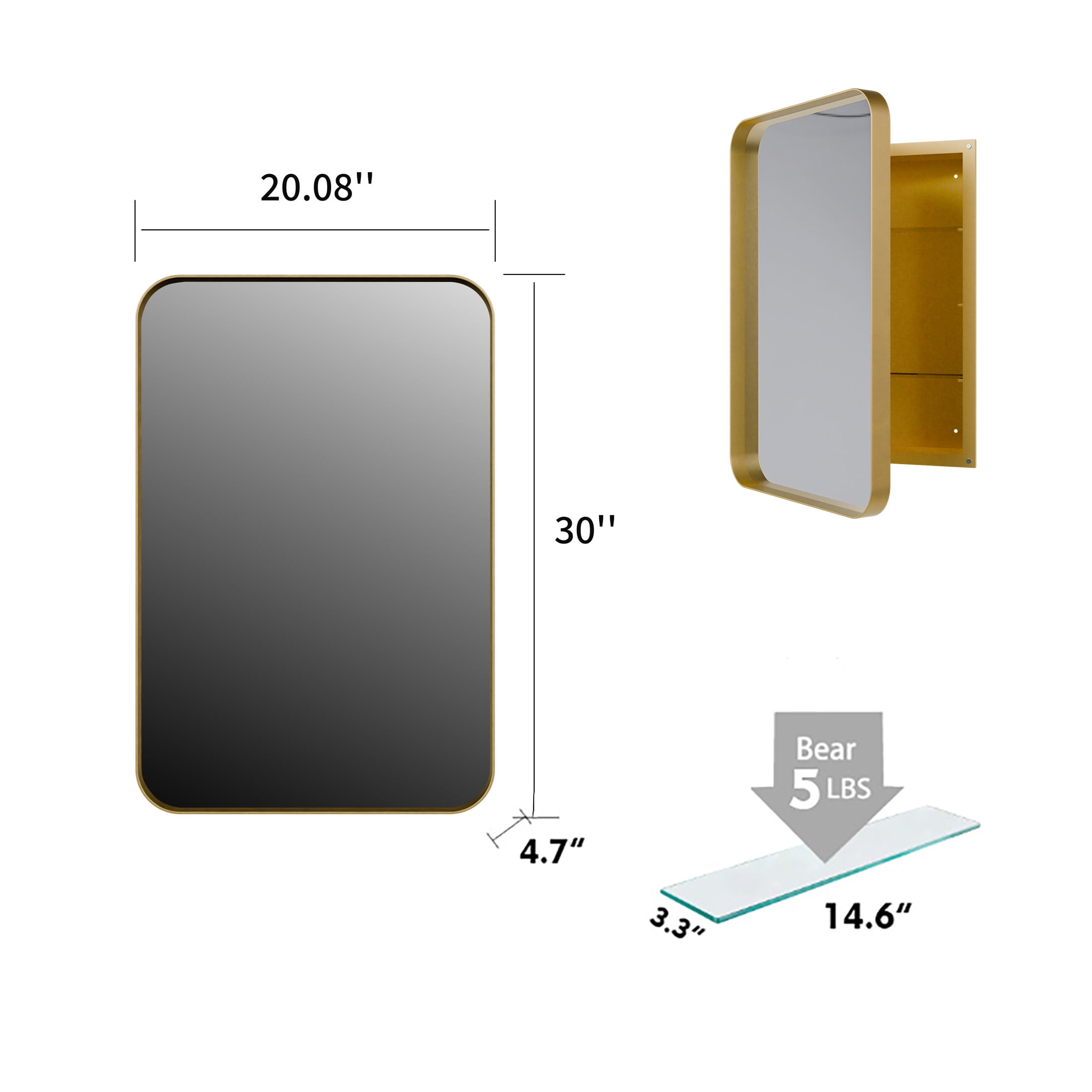 Noble House 20×30 Recessed Medicine Cabinet with Mirror, Metal Frame, Adjustable Shelves, for Bathroom, Matte Gold