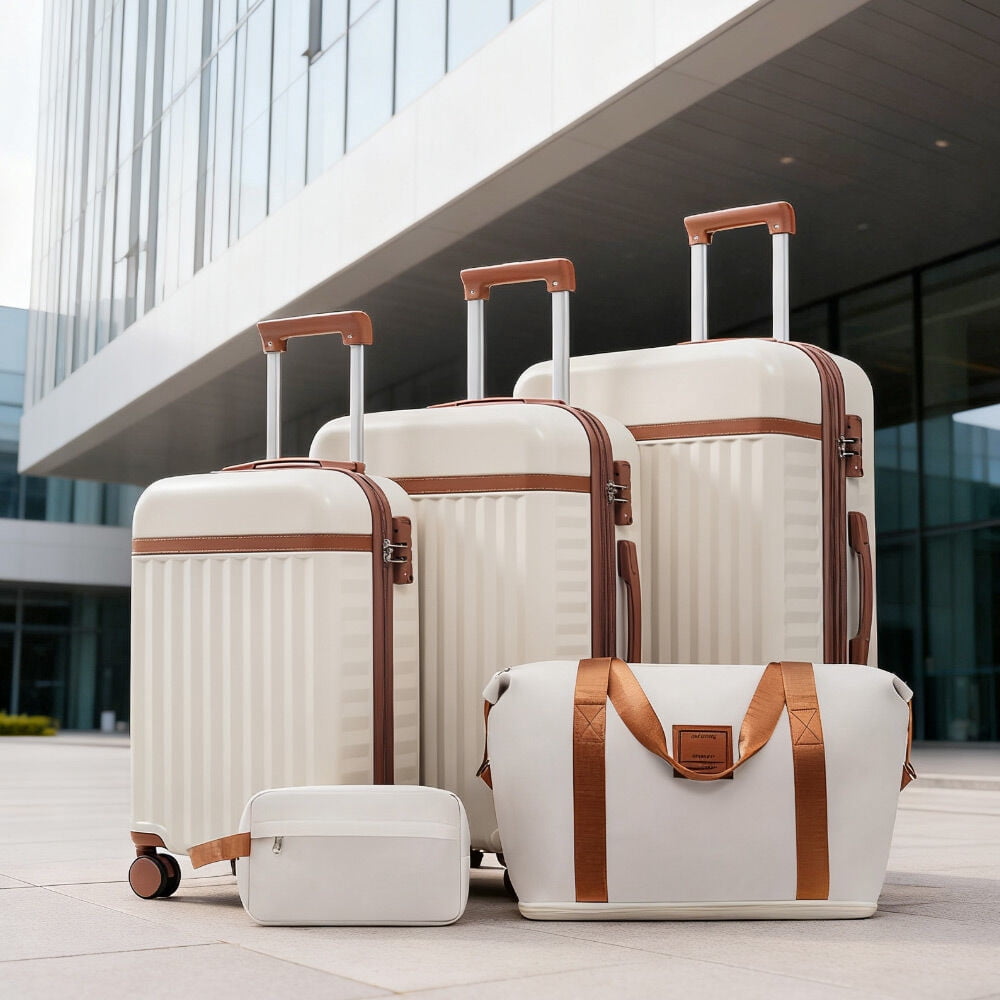 Hardside Suitcase, Luggage Set 5 Piece, Hardside Carry on Suitcase , Expandable Luggage with Travel Bags Spinner Wheels TSA Lock, Brown+White Hardside Luggage,Abs Hardside Checked Luggage