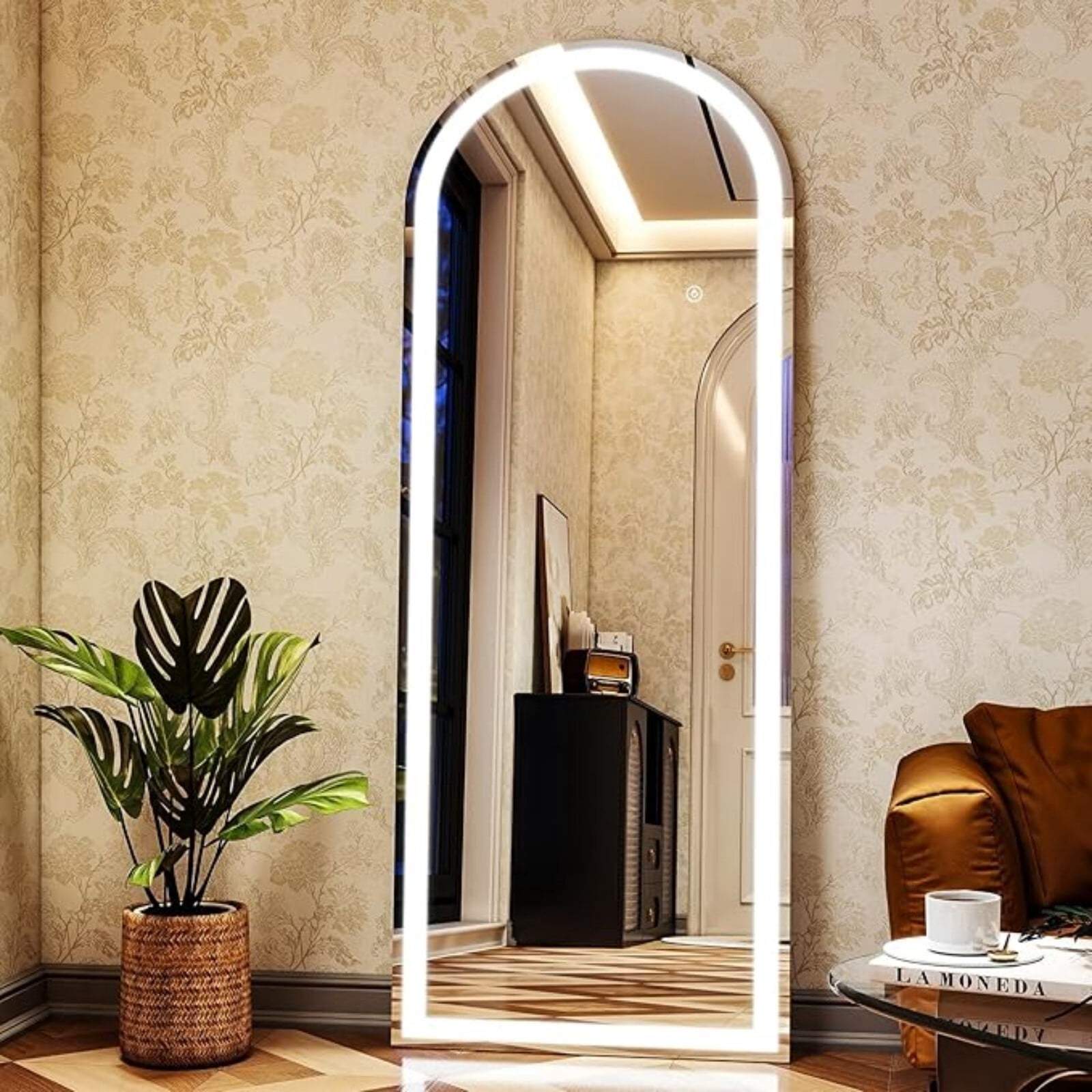 Anyrose 64"x21" Arched Full Length Mirror with LED Lights Wall Mounted Mirror， White