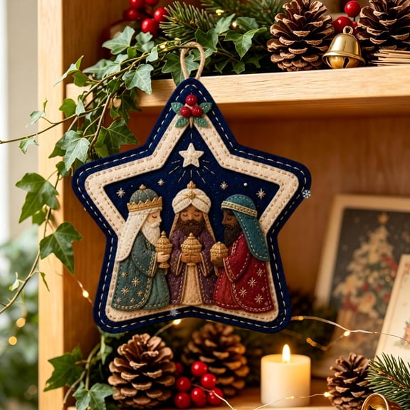 Christmas Felt Nativity Ornament, Star Shaped Hanging Decoration With Manger Donkey and Sheep for Christmas Tree Wall Door Window Wreath Holiday Decor, 2.36 inch D