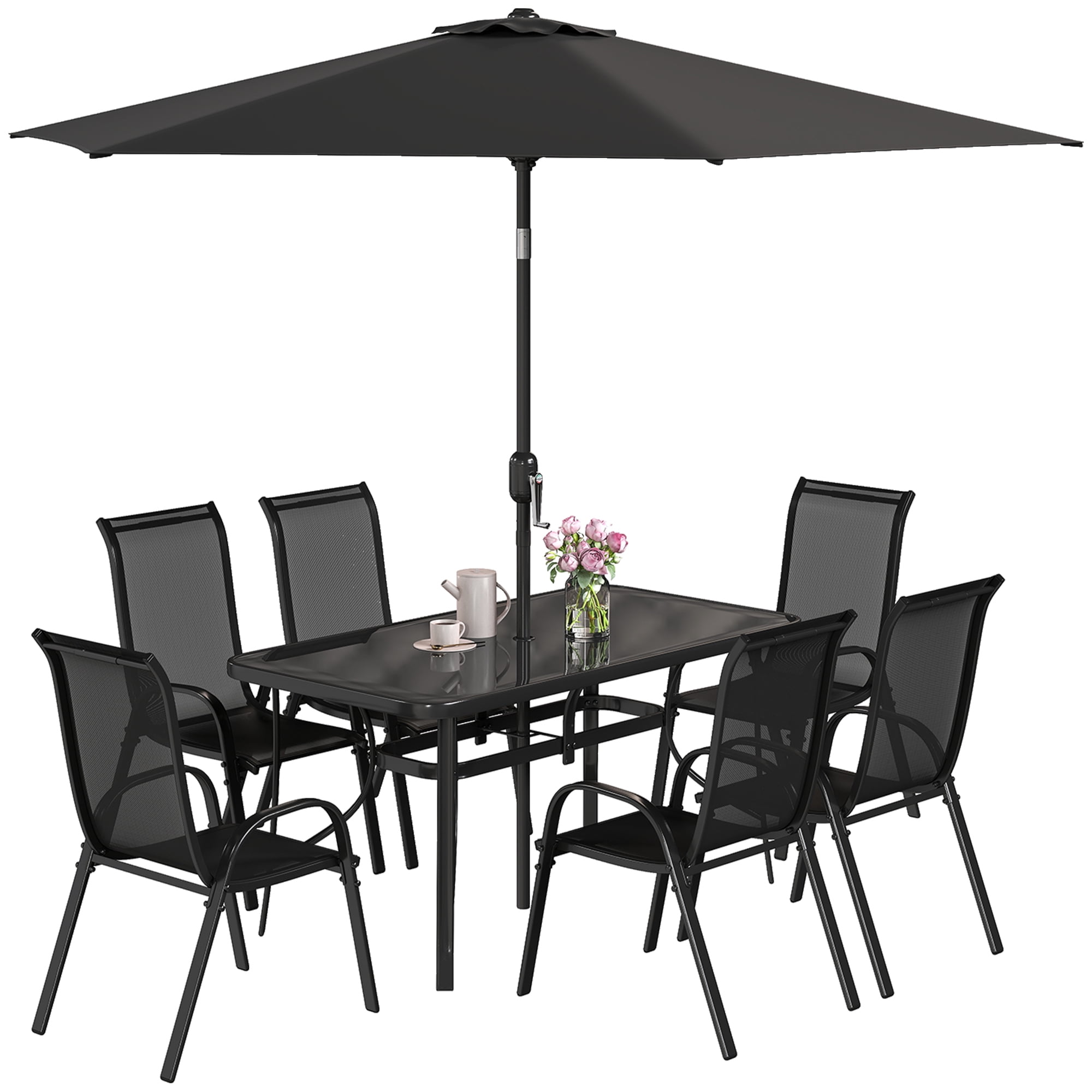 Outsunny 8 Piece Patio Furniture Set with Umbrella, Outdoor Dining Table and Chairs, 6 Chairs, Push Button Tilt and Crank Parasol, Glass Top, Black