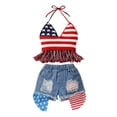 thumbnail image 2 of Toddler Girls 4th of July Outfit Little Kids Fourth of July Clothes 1Y 2Y 3Y 4Y 5Y 6Y American Flag Halter Top Denim Shorts Set, 2 of 9