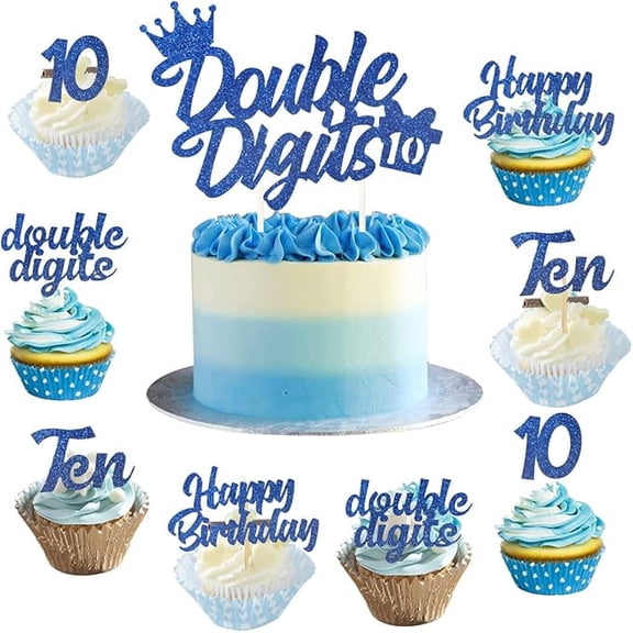 10th Birthday Cake Decorations Blue, Double Digits Cake & Cupcake Topper for Boys Tenth Birthday Party Decorations and Supplies, Cheer to 10 Years Birthday - Total 25 Pcs
