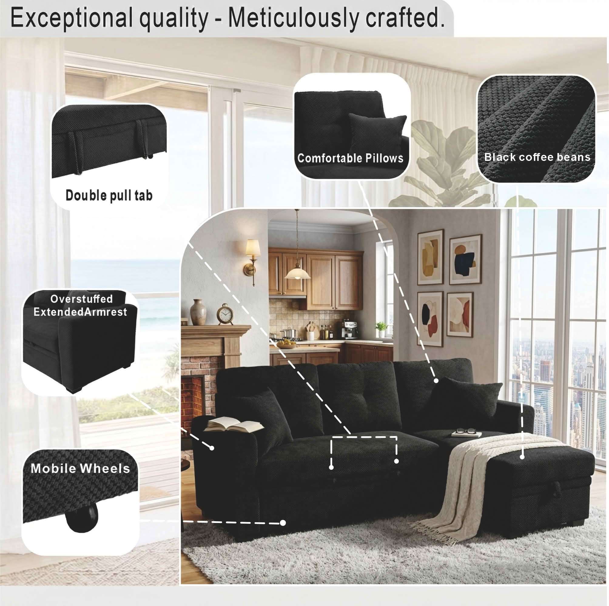 MAYEERTY L‑Shaped Sleeper Sectional Sofa, Convertible Pull‑Out Bed with Reversible Storage Chaise, Dark Gray Breathable Polyester Fabric for Small Living Spaces