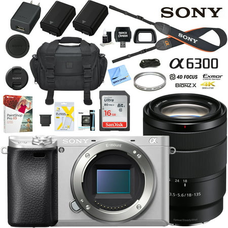 Sony a6300 4K Mirrorless Camera ILCE-6300M/S Alpha (Silver) with 18-135mm F3.5-5.6 OSS Lens and Case Extra Battery Memory Card Pro Photograpy