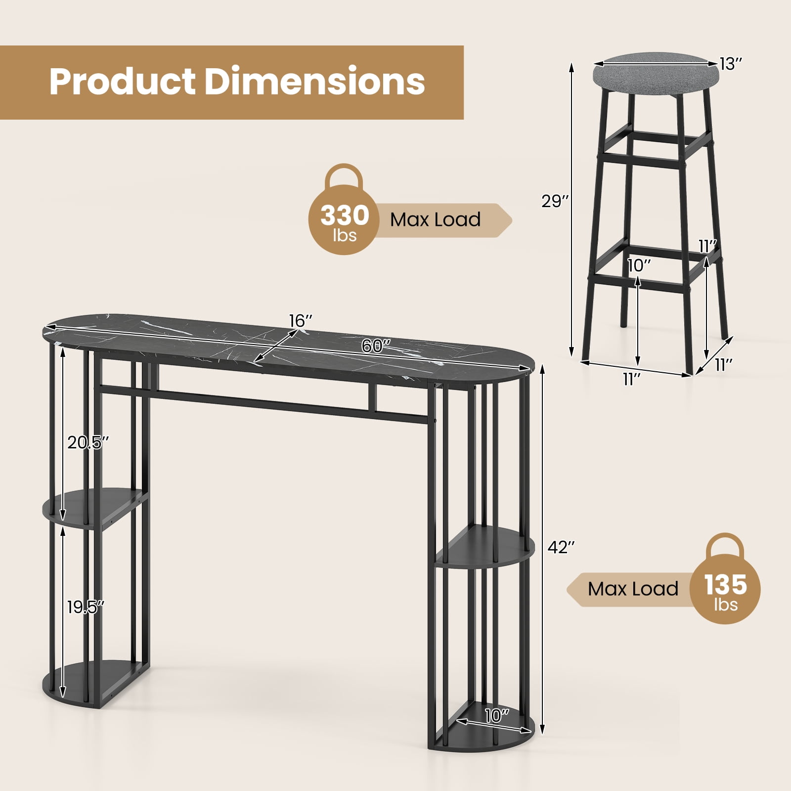 Gymax 3 Pieces 60'' Bar Table Set for 2 w/ Faux Marble Tabletop & Storage Shelves