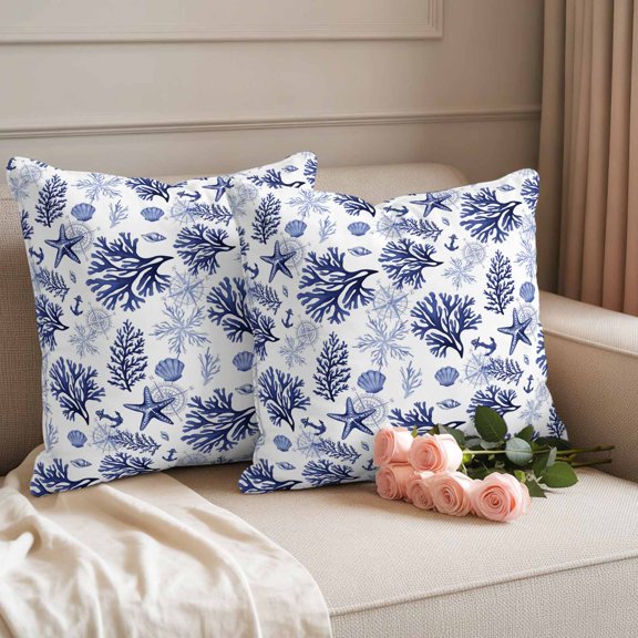 Outdoor Waterproof Throw Pillow Cover Ocean Starfish Coral Shell Decorative Pillow Covers 18x18in Set of 2 Pillows Case, Blue Marine Creature Nautical Theme Cushion Cases for Sofa Couch Patio Garden
