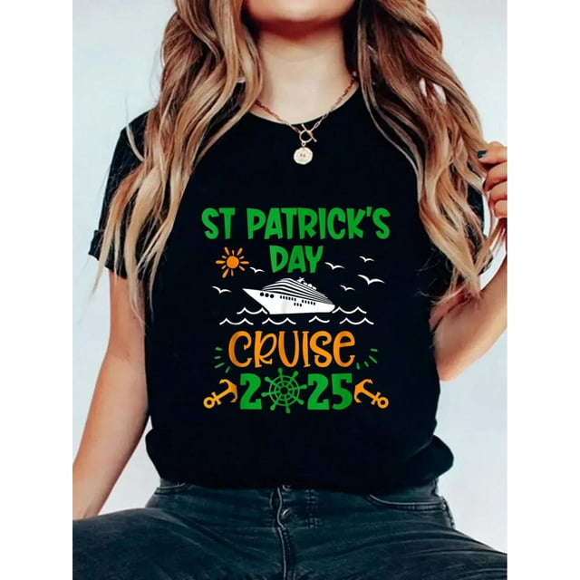Camiseta para mujer Suave Transpirable veranoSt Patricks Day Cruise 2025 Funny Family Matching T-Shirt Print Cotton T-Shirt For Summer, Women's Camisetas de verano para mujer, manga corta, cuello r